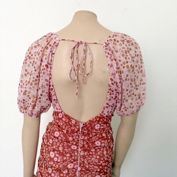[Free People] Tessa Floral Puff Sleeve Ruched Open Back Mini Dress Size Large L - Picture 5 of 11